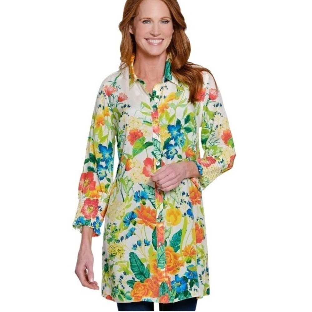 John‎ Mark Medium Print Tunic With Shirred Cuff Sleeves Multi Floral NWT
